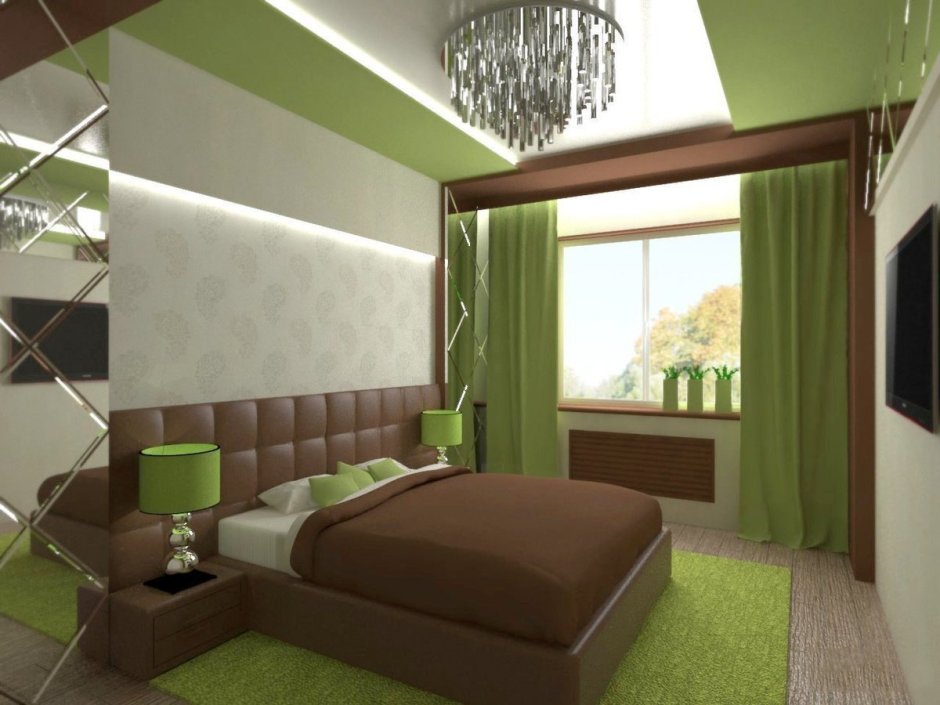 Дизайн комнаты с зелеными обоями