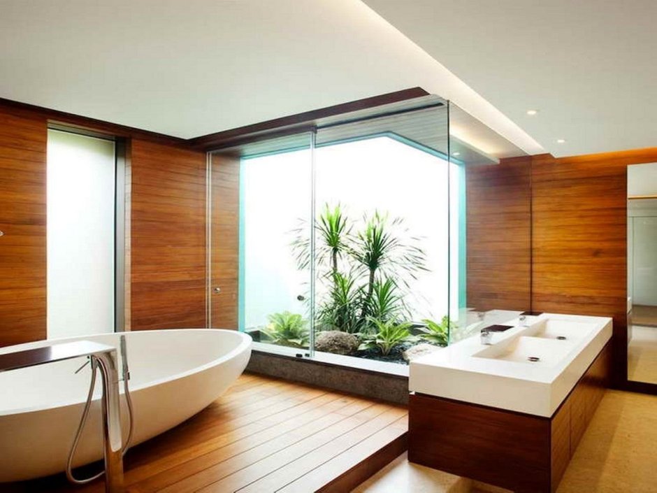 Деревянная ванная комната в японском стиле