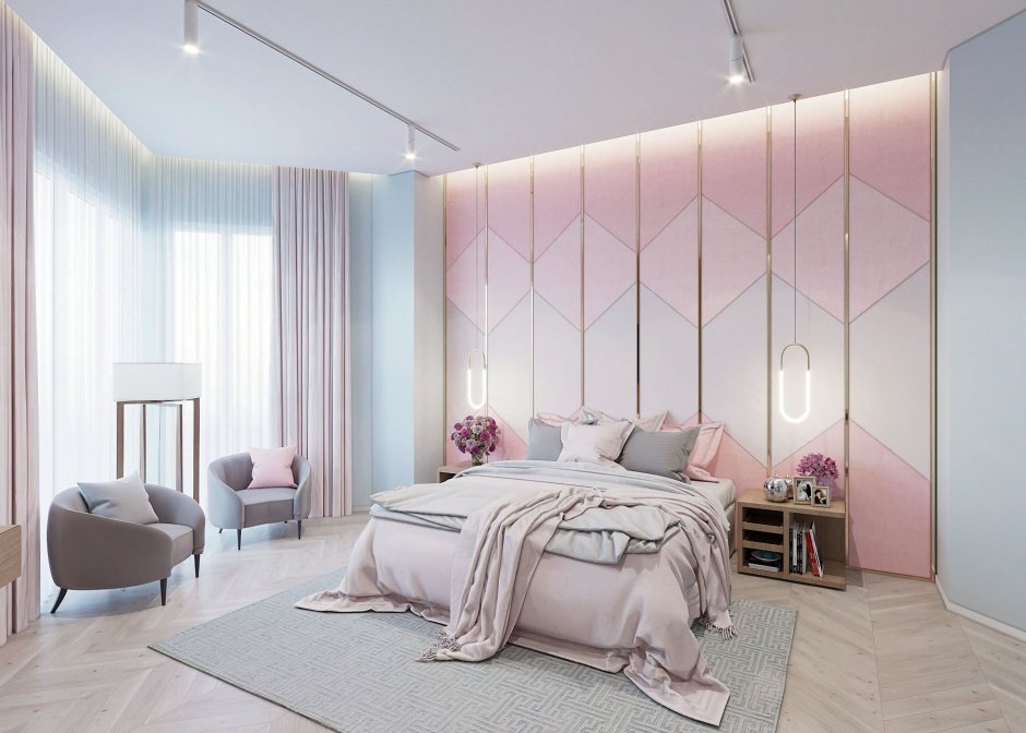 Спальная в розовом цвете с теневыми потолками