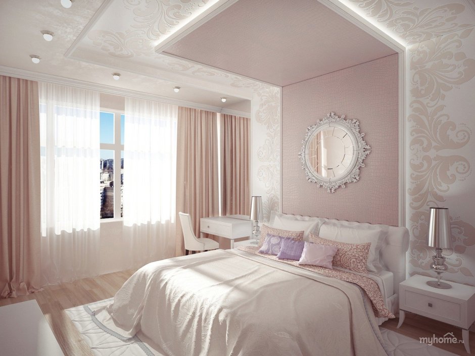 Спальня в пудровых тонах с белой мебелью