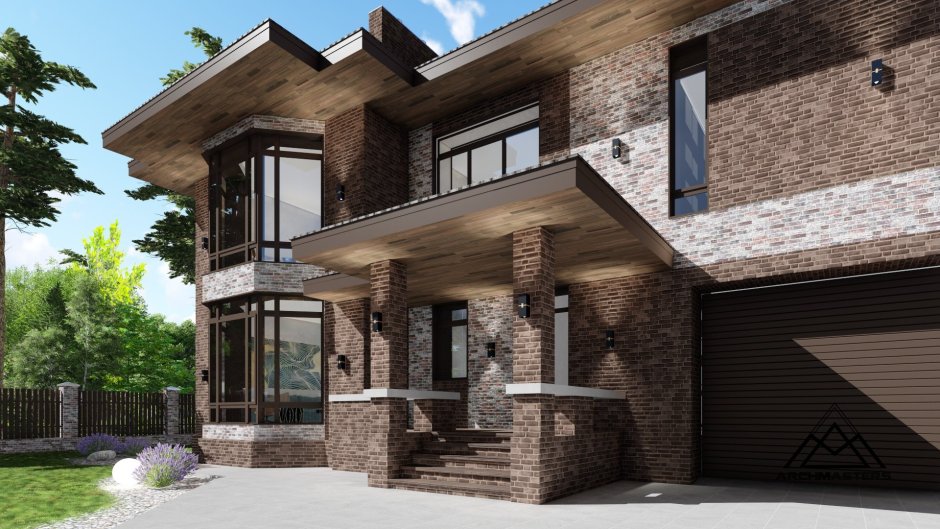 Фасад кирпич и дерево