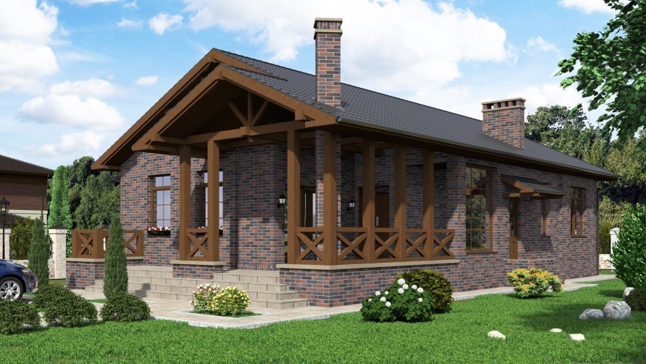 Одноэтажный кирпичный дом с террасой