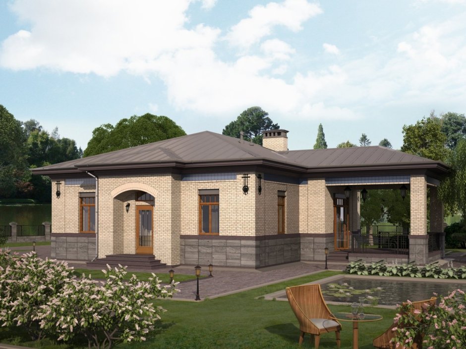 Одноэтажный кирпичный дом с террасой