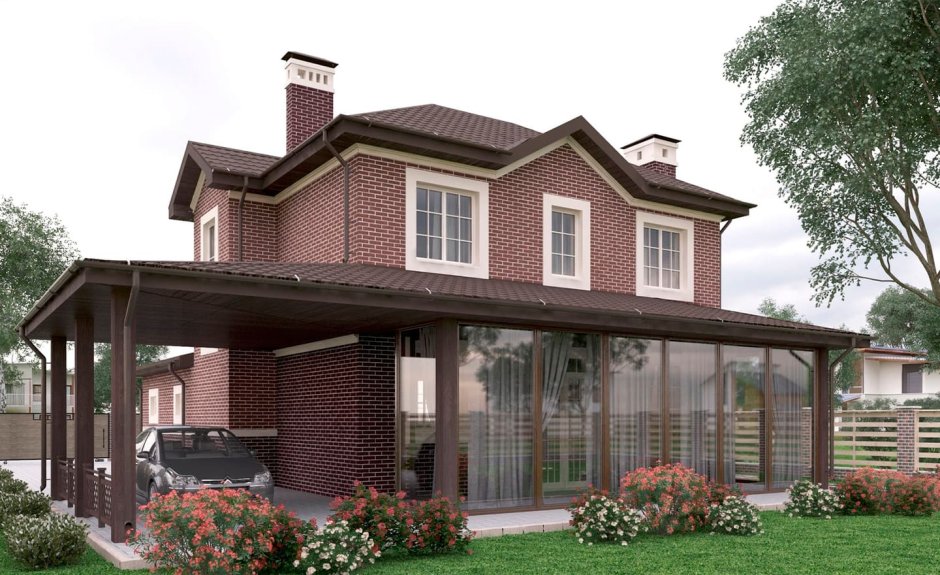 Двухэтажный дом с террасой и навесом