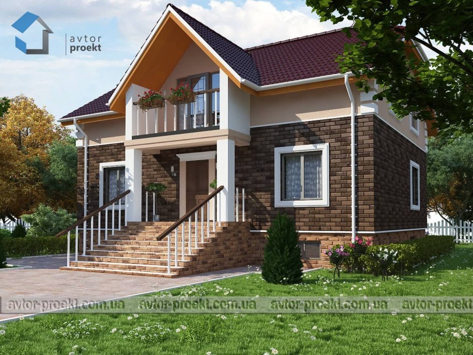 Двухэтажный дом с крыльцом