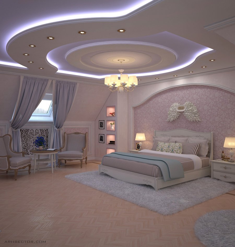 Потолки из гипсокартона для спальни красивые