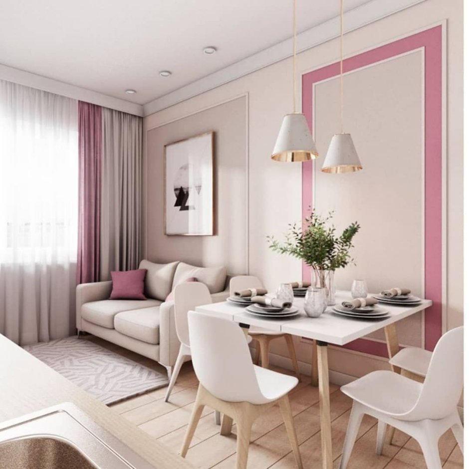Гостиная с обеденной зоной пыльно розовый