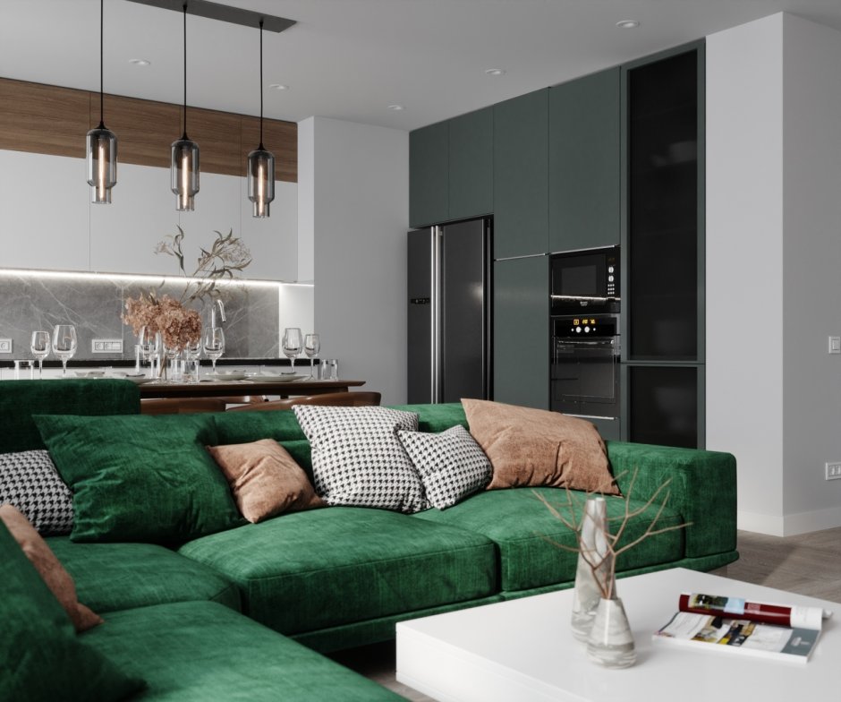 Зеленый диван в кухне гостиной