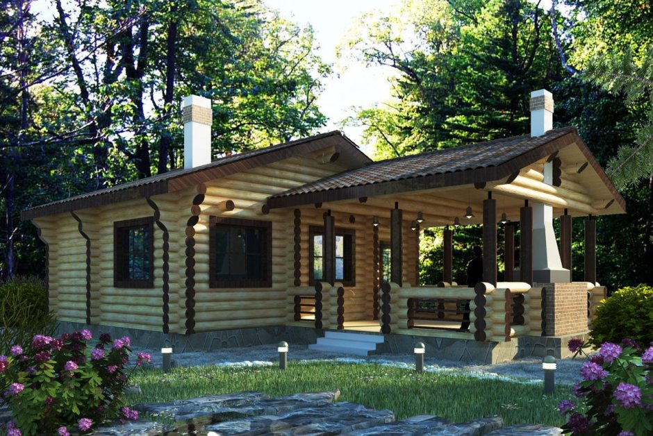 Баня из оцилиндрованного бревна с террасой и барбекю
