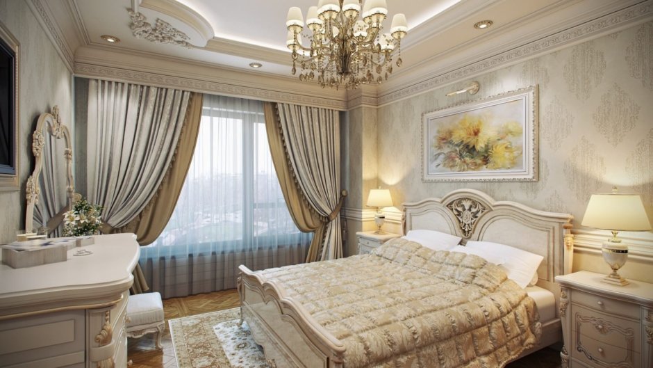 Красивый интерьер спальни в классическом стиле