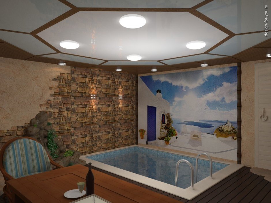Интерьер бани с бассейном и комнатой отдыха