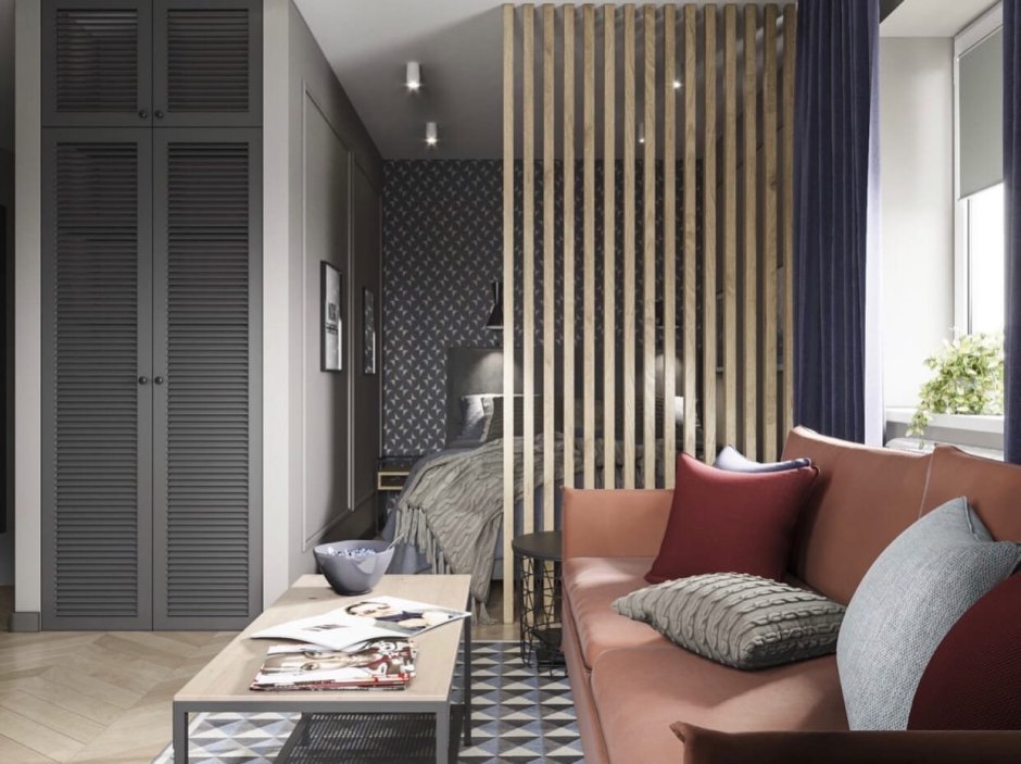 Зонирование гостиной деревянными рейками