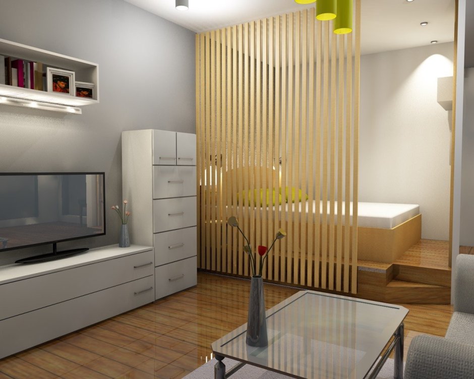 Реечная перегородка для зонирования гостиной