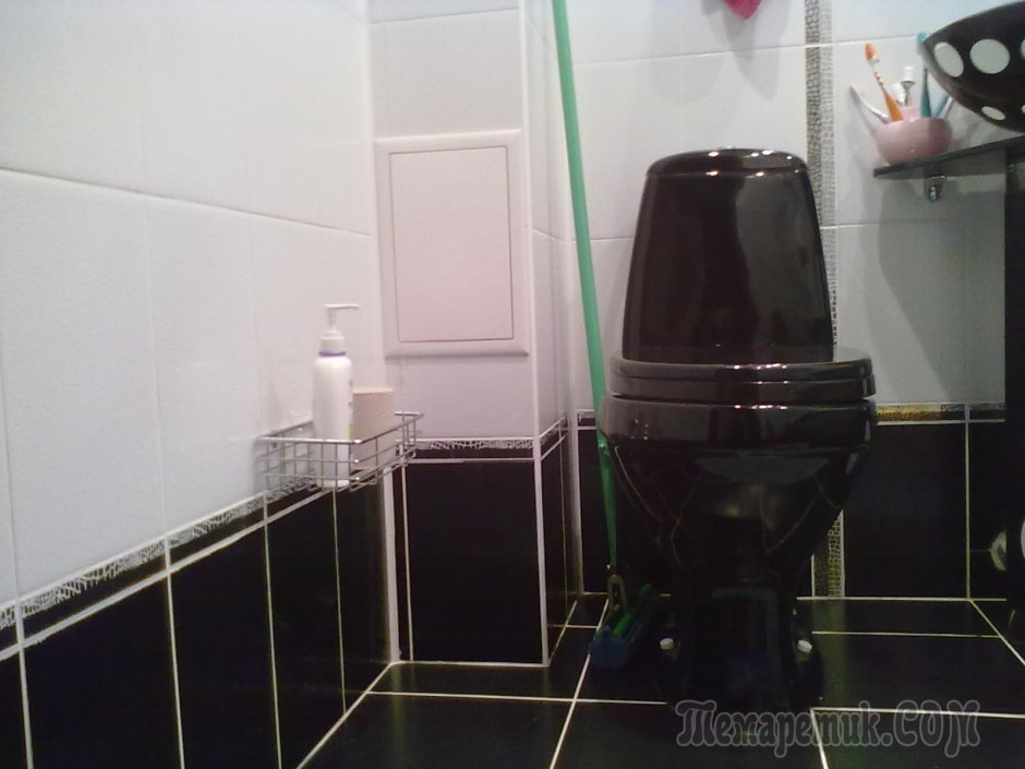 Туалетная комната с черным унитазом