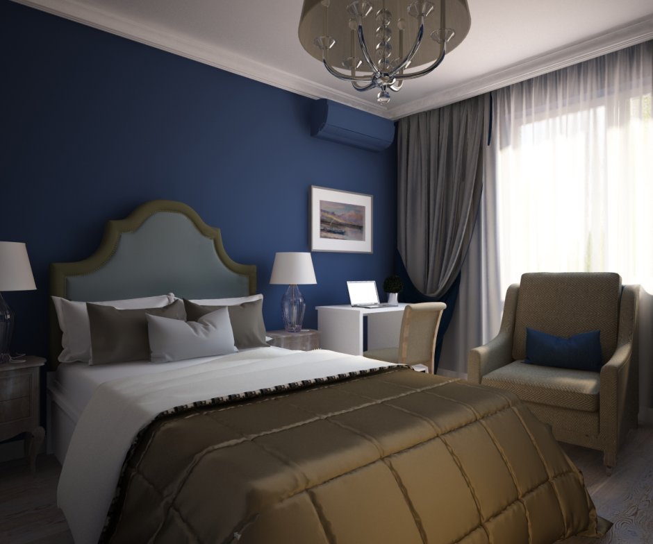 Синяя спальня с коричневой мебелью