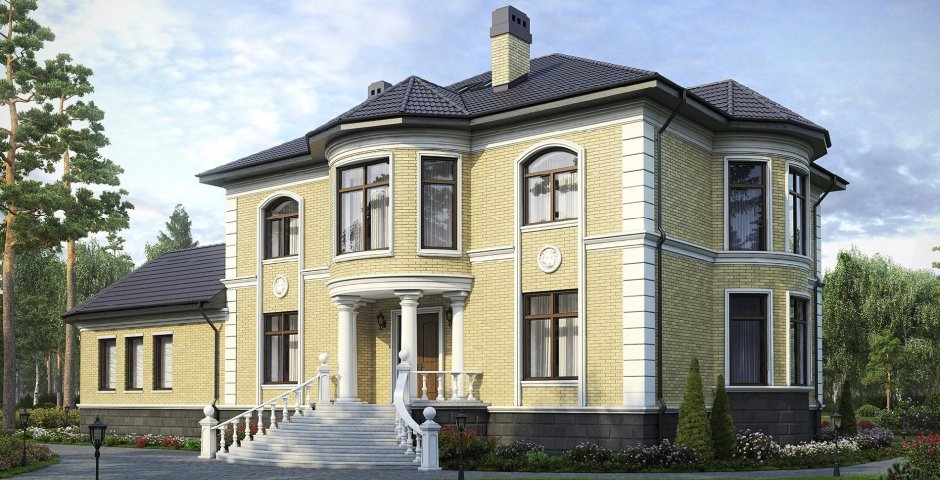 Двухэтажный кирпичный дом с эркером в классическом стиле