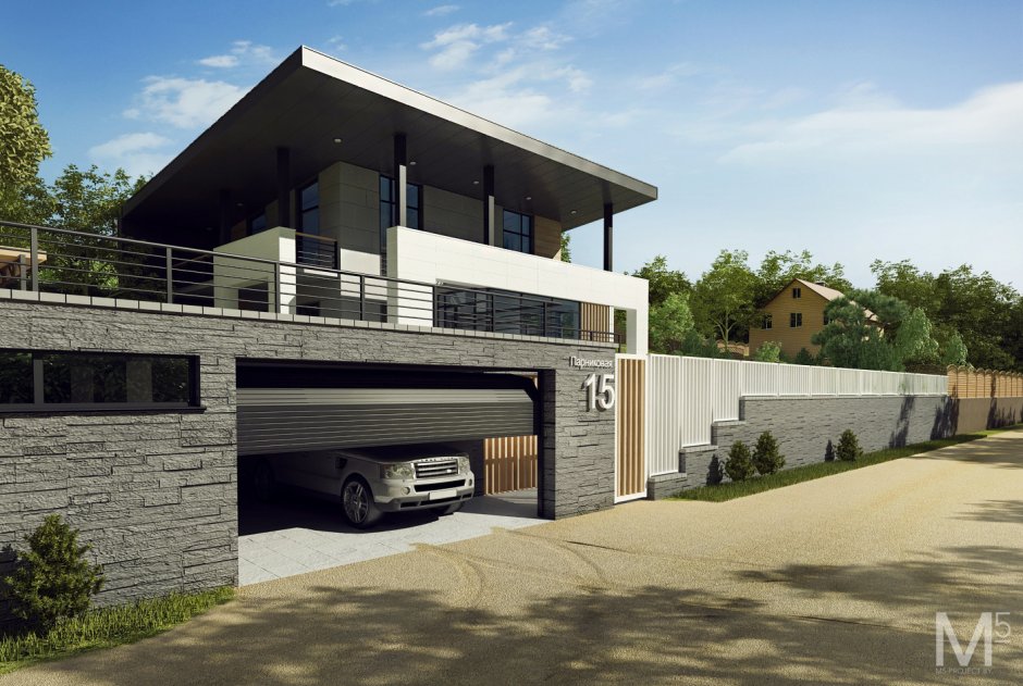 Дом с гаражом и навесом в современном стиле