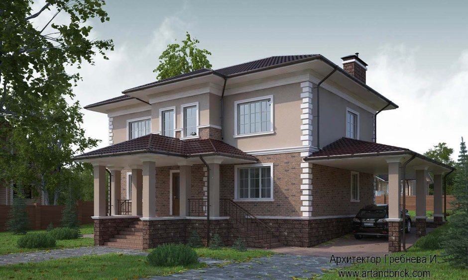 Двухэтажный дом с крыльцом