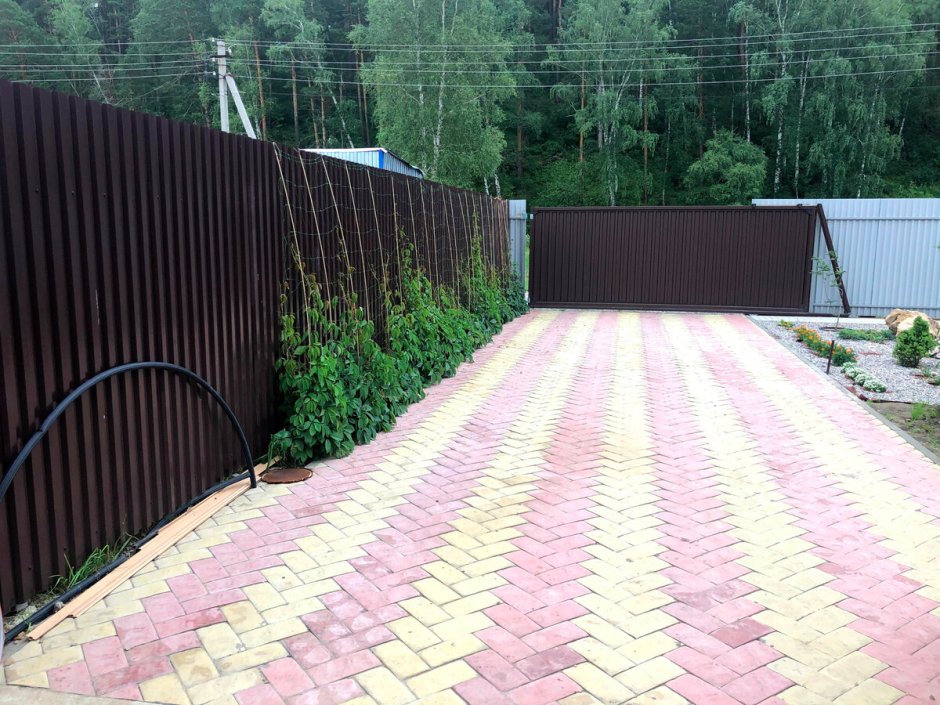 Тротуарная плитка вдоль забора из профнастила