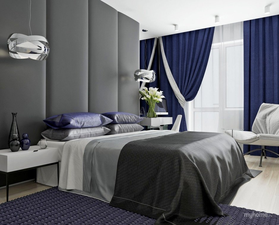 Темно синие шторы в спальне