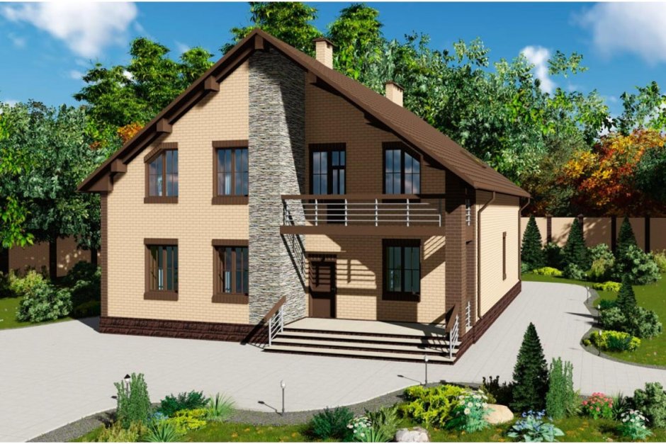 Кирпичный дом с террасой и балконом