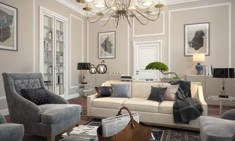 Серая гостиная в современном классическом стиле