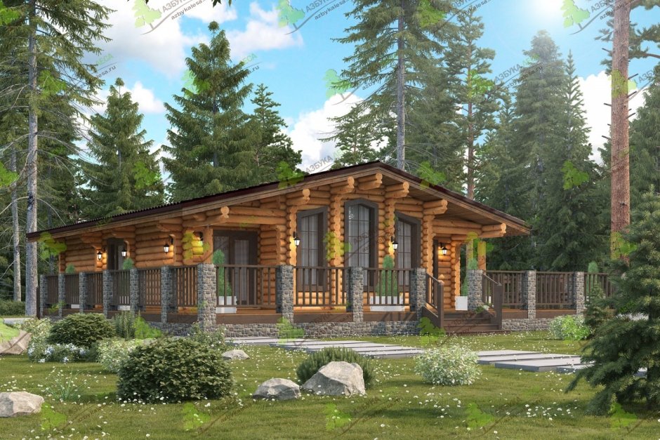 Проект деревянного дома из бревна одноэтажный с зимним садом