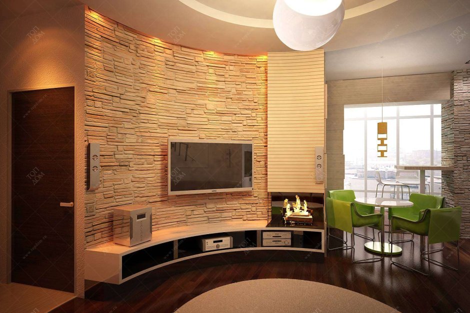 Отделка стены камнем в гостиной