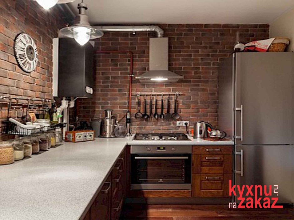 Кухня в стиле лофт с красным кирпичом