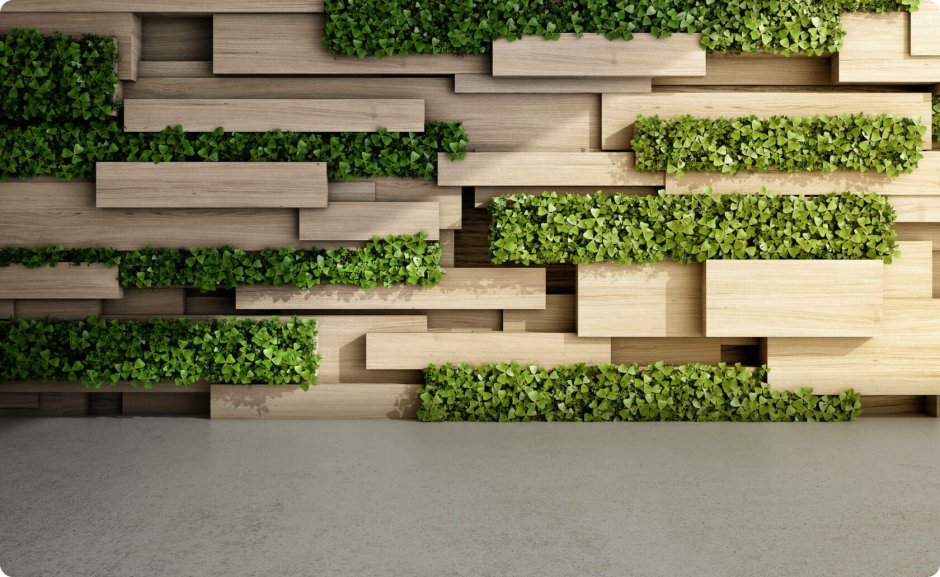 Деревянная стена с зеленью