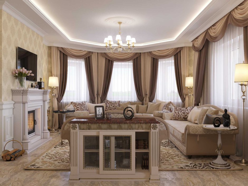 Интерьер гостиной в частном доме в классическом стиле