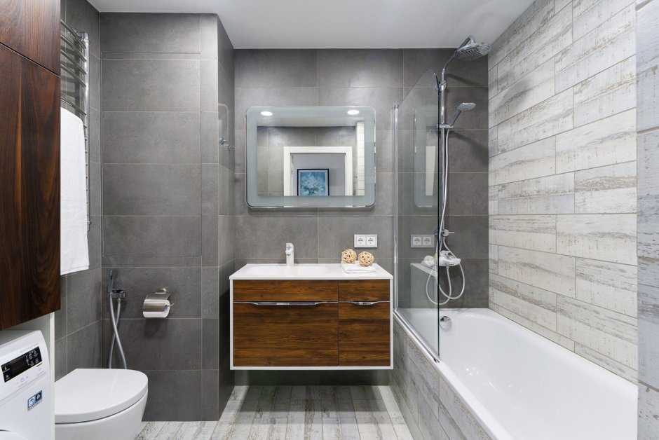 Серый интерьер ванной комнаты