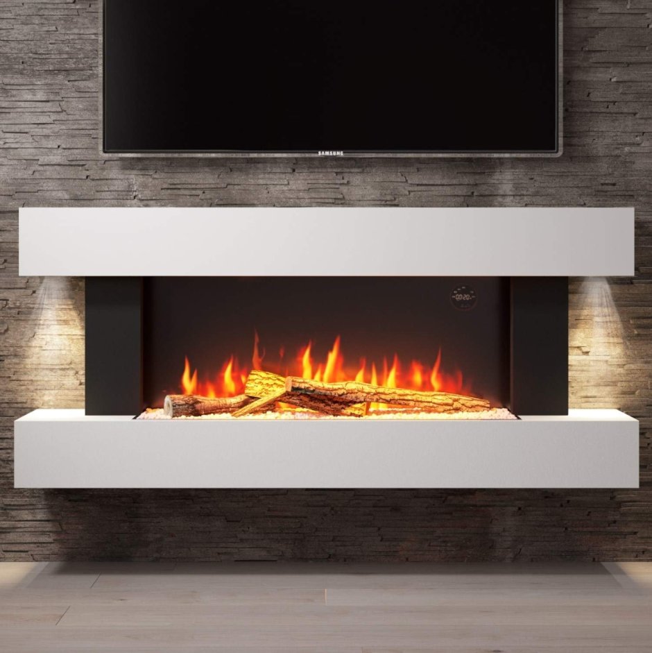 AMBERGLO Grey Wall Mounted Electric Fireplace Suite with log & Pebble fuel Bed