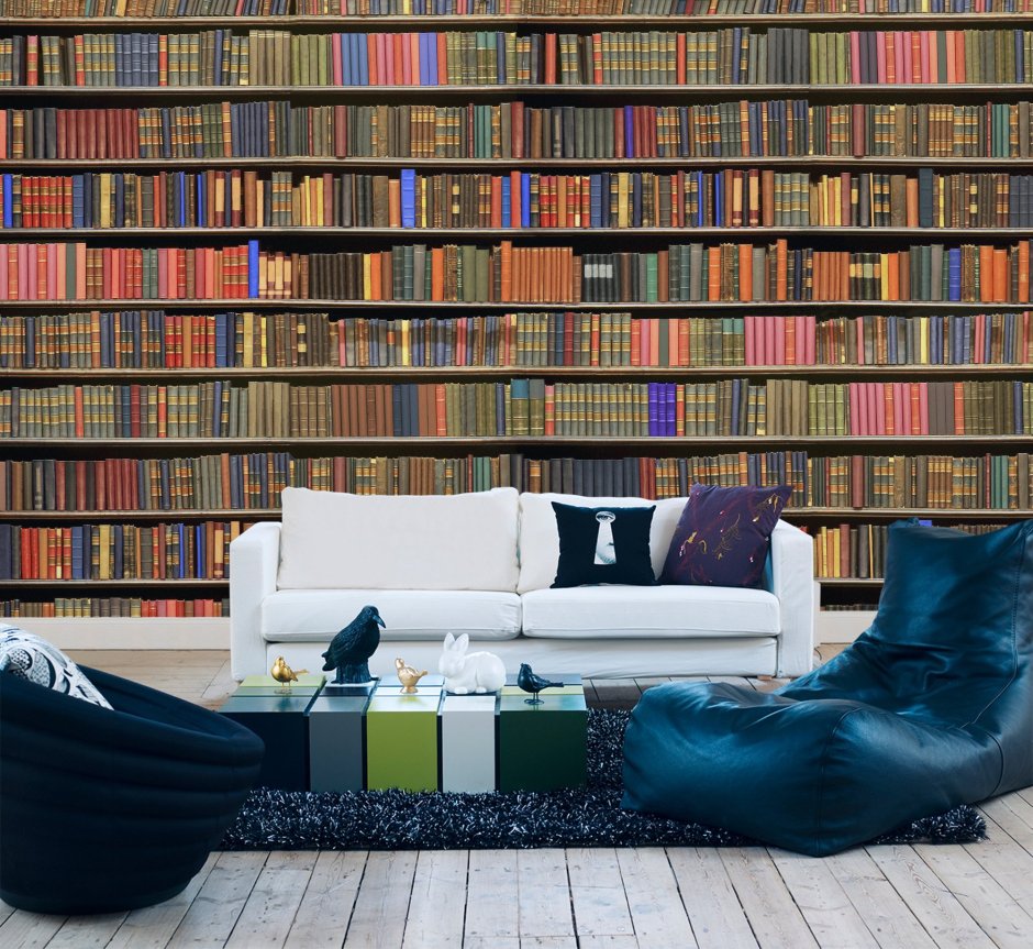 Обои с книгами для стен в интерьере