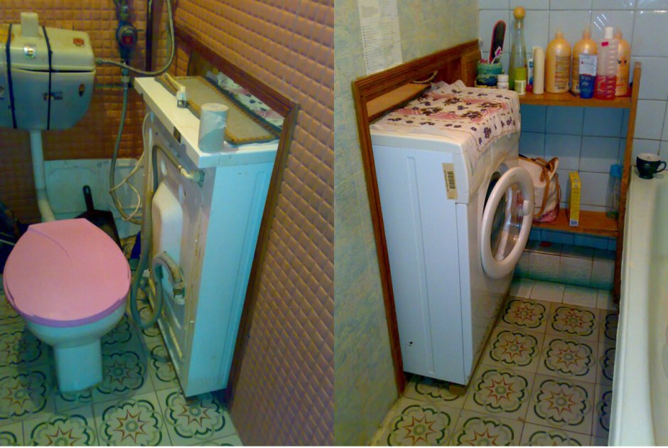 Стиралка в стене между ванной и туалетом