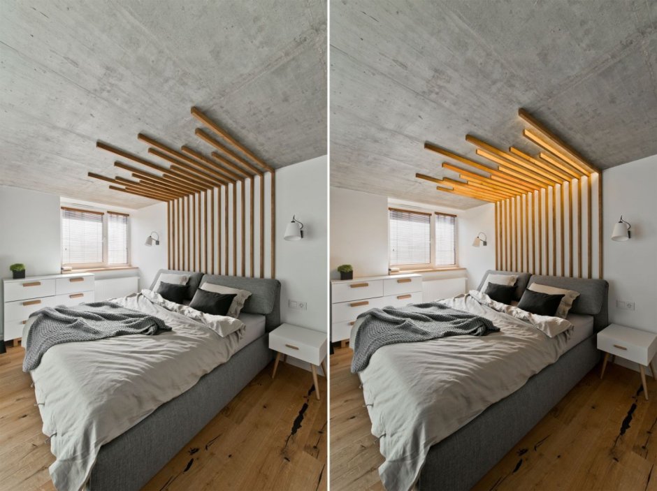 Спальня в стиле лофт с деревянными рейками