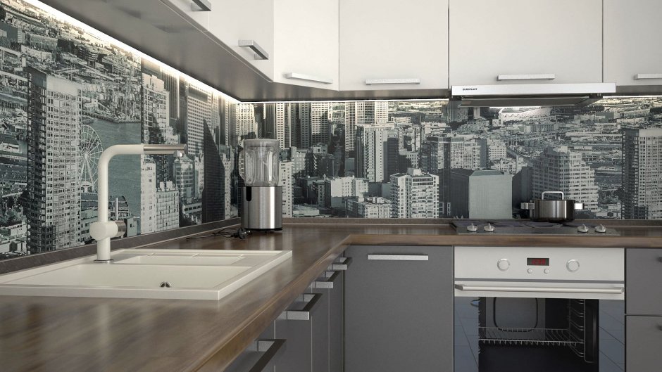 Стеклянный фартук для кухни серый