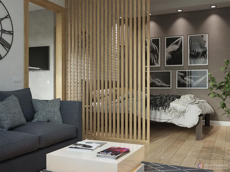 Перегородки для зонирования с рейками в спальне