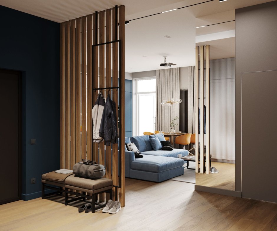 Реечная перегородка для зонирования гостиной