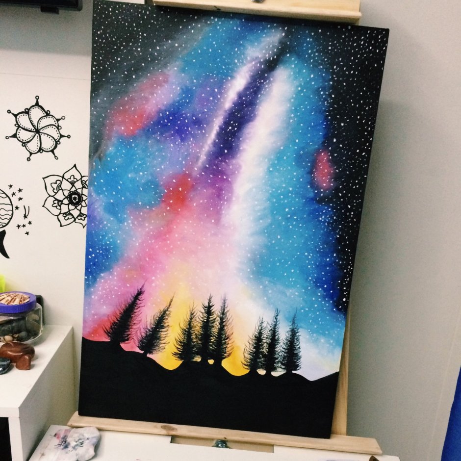 Космос акриловыми красками на стене