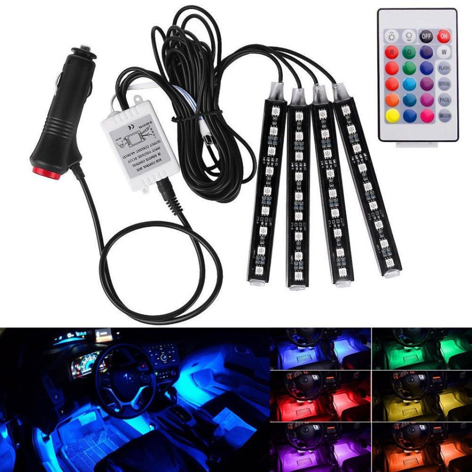Светодиодная лента RGB для автомобиля, 4 шт., 12 в, с пультом