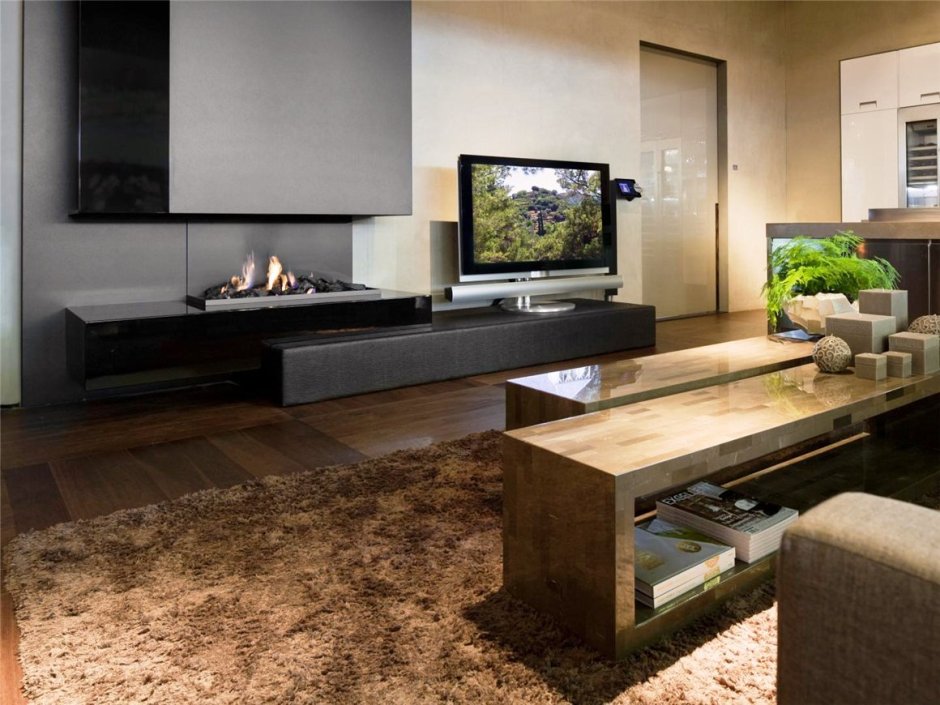 Биокамин под телевизором в гостиной в современном стиле