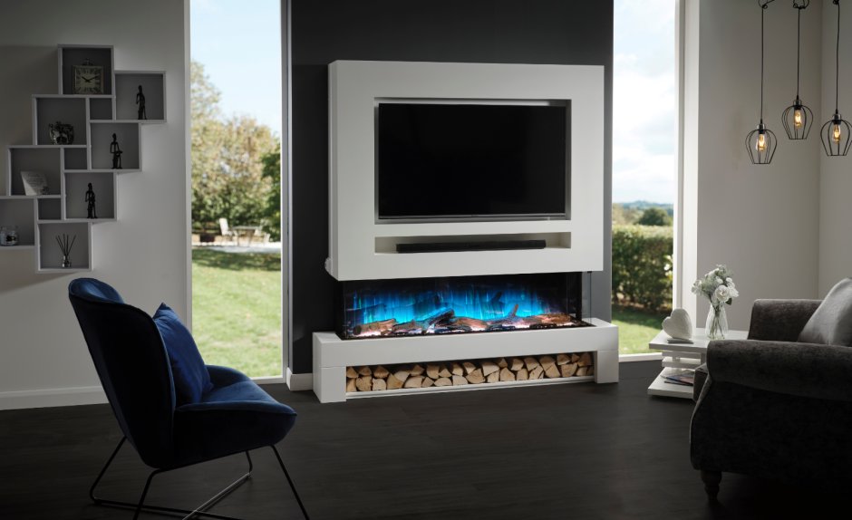 AMBERGLO White Wall Mounted Electric Fireplace Suite with logs & Crystal fuel Beds