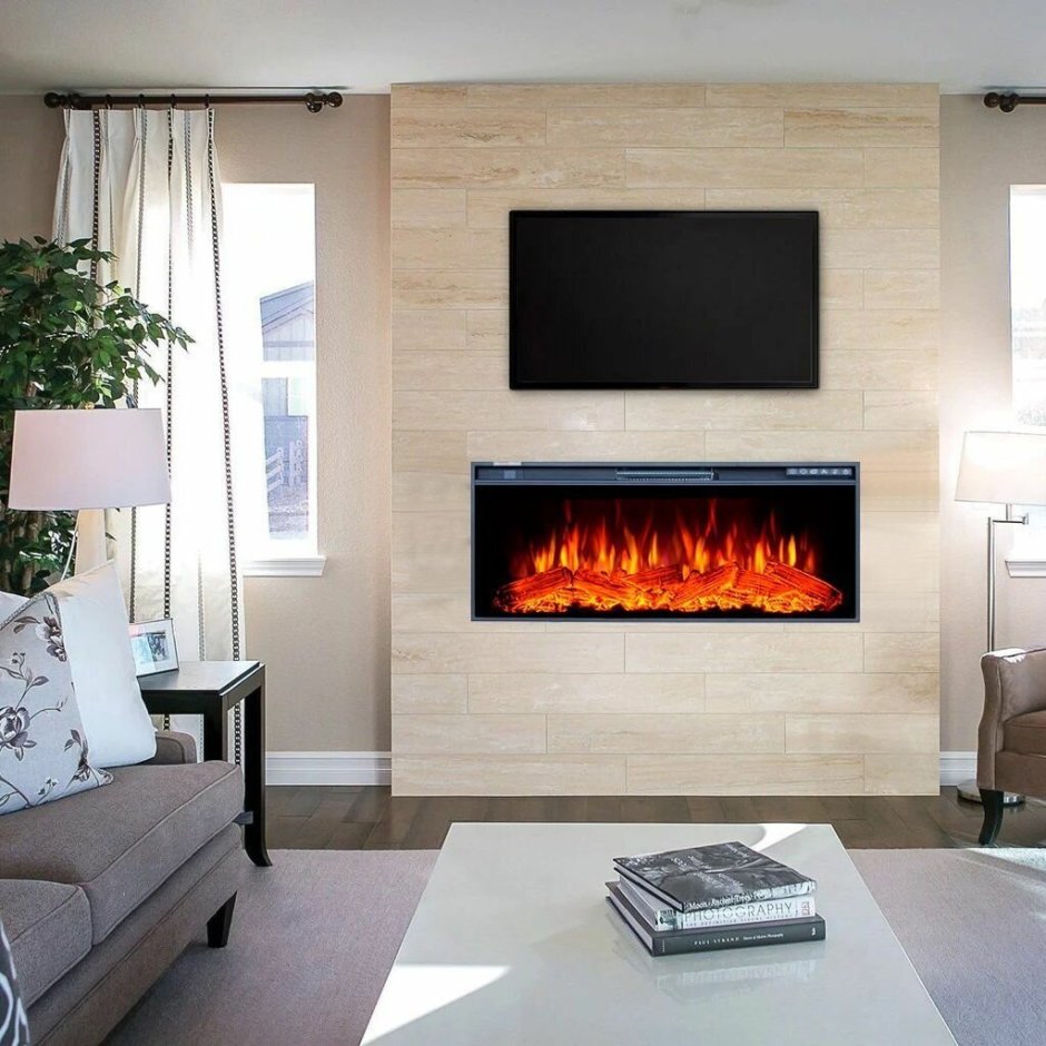 Электрический камин в интерьере гостиной