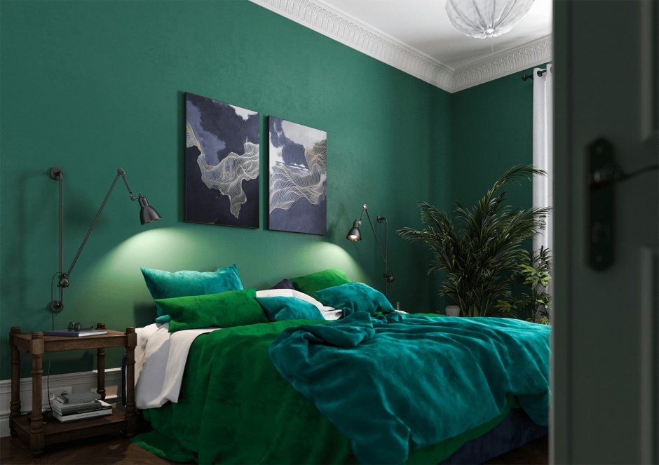 Сине зеленая спальня