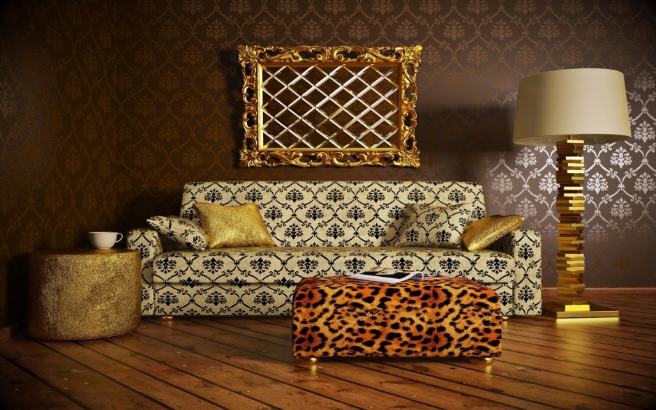 Золотистый диван в интерьере