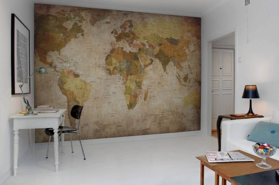 Фотообои на стену карта мира в интерьере