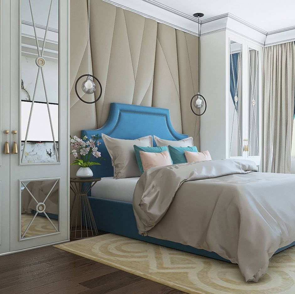 Голубая кровать в интерьере спальни
