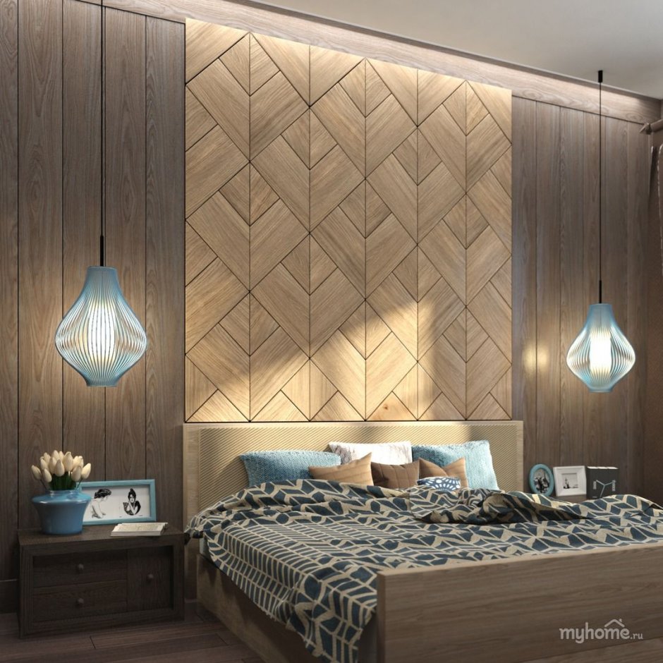 Деревянные стеновые панели в интерьере спальни