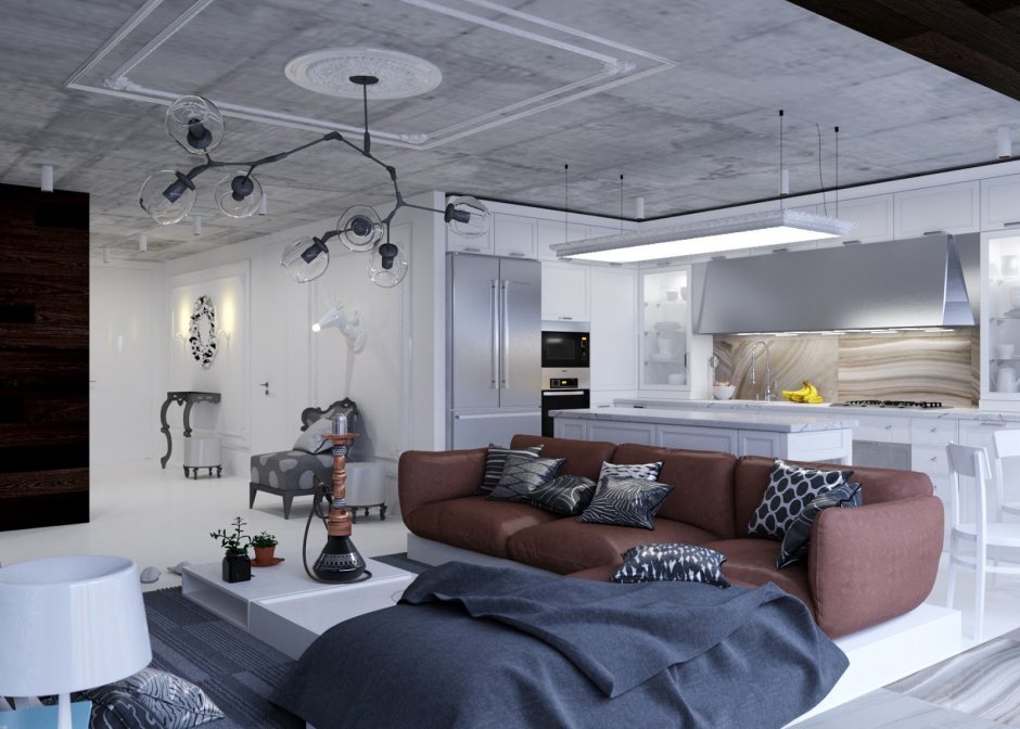 Современные интерьеры квартир с бетонным потолком